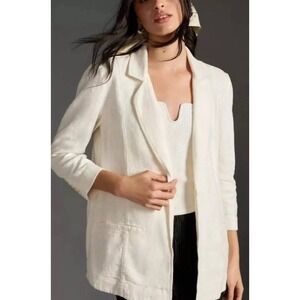 Anthropologie Linen Blend Open‎ Front Blazer Tulip Hem Back Jacket Cream Size 6